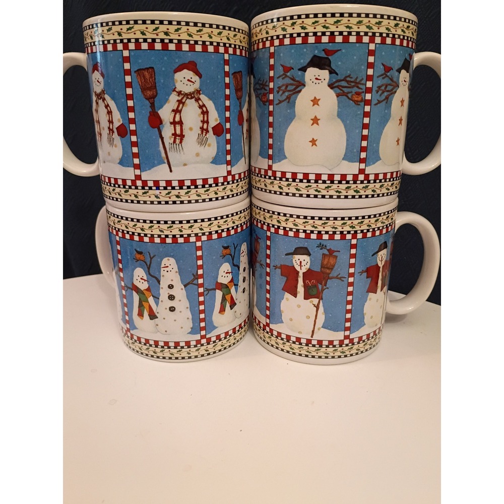 Sakura Debbie Mumm Snowman Stoneware Coffee Mug Set 4 Vintage 1998 Christmas